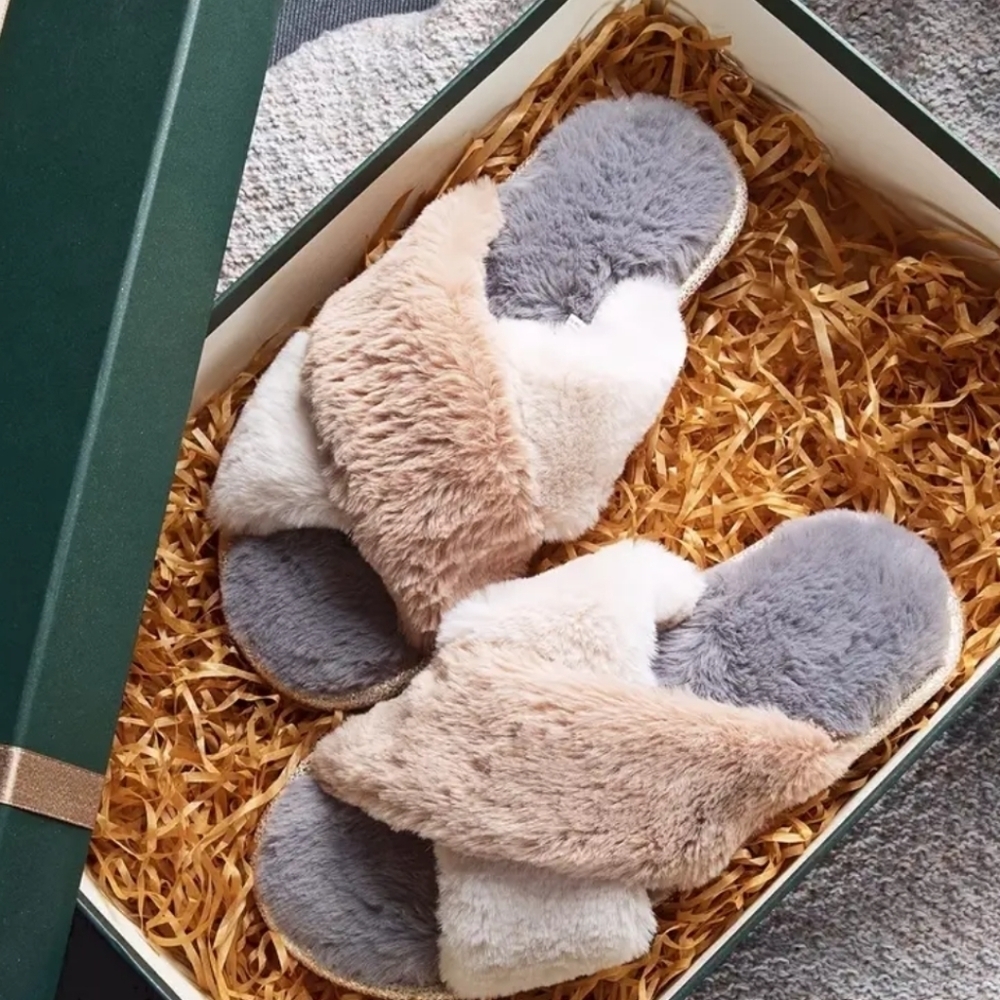Cozy Faux Fur Slippers in Gray and Tan (NWT)